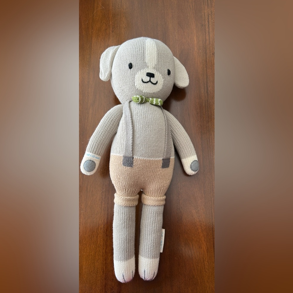 Cuddles + Kind Adorable Gray and Tan Knit Plush Noah the Dog